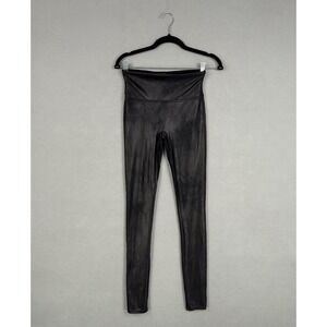 Spanx Pants Womens Medium Tall Black Faux Leather High Rise Leggings Shaping